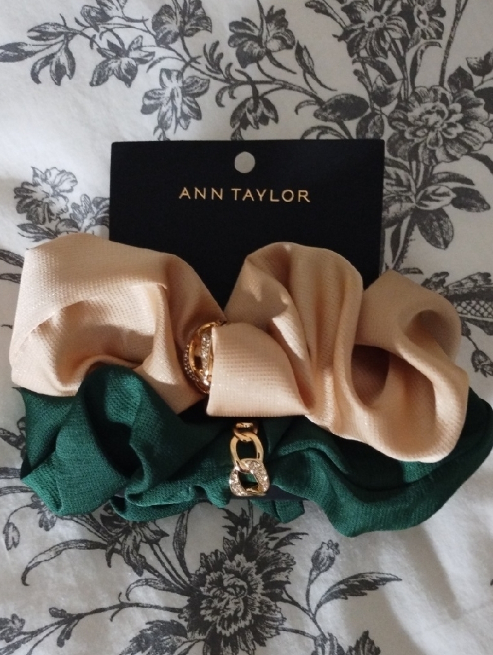 Ann Taylor Cream and Green Double Scrunchie Set with Gold Charms NWT!